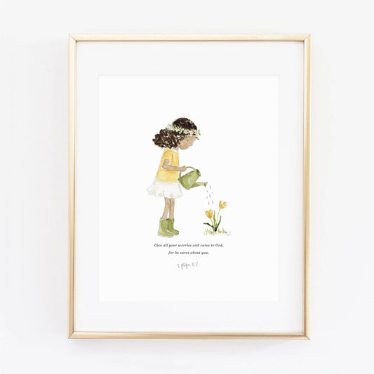 emily lex studio - 1 peter 5:7 watering girl scripture print