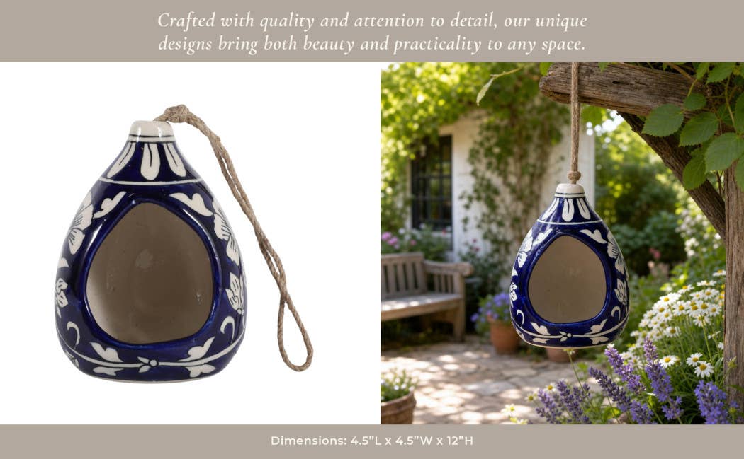 Sagebrook Home - Bird Feeder - Blue/White Ceramic Teardrop Shape House, 12 in