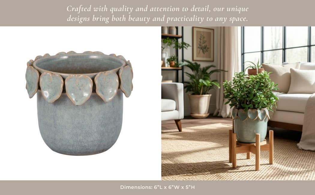Sagebrook Home - Ceramic Handcrafted Leaf Applique Planter - Seafoam, 6 in.