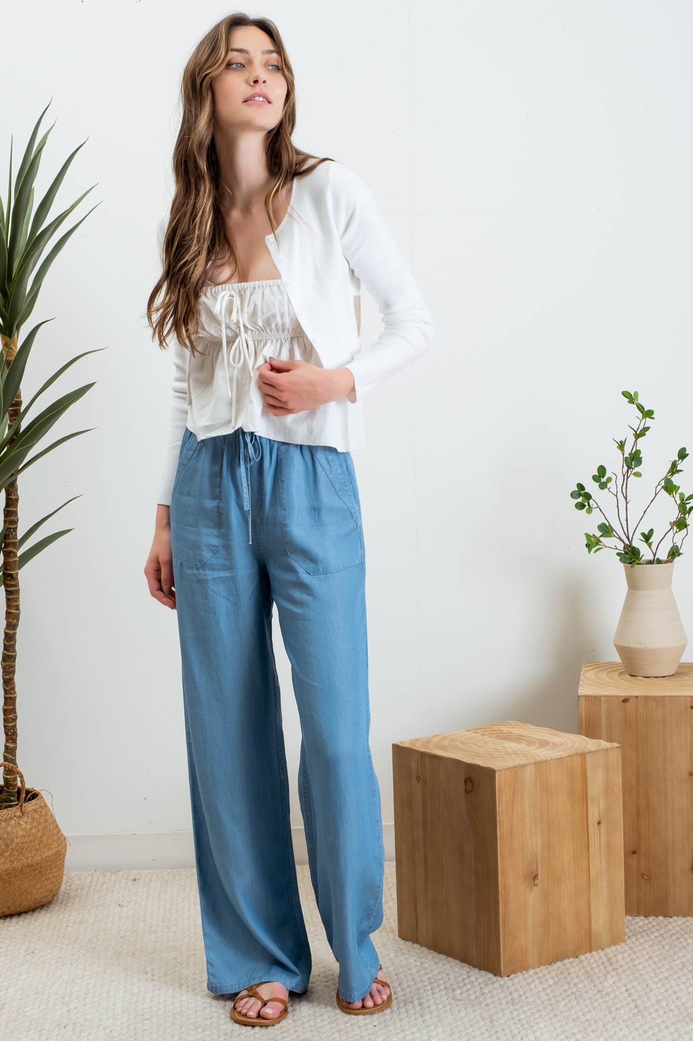 Blu Pepper - CHAMBRAY HIGH WAIST DRAWSTRING PANTS