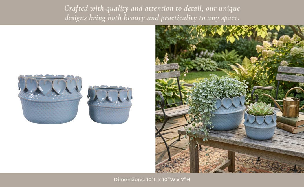 Sagebrook Home - Plant Pot Set of 2 - Blue Ceramic Leaf Applique, 7/10 in.