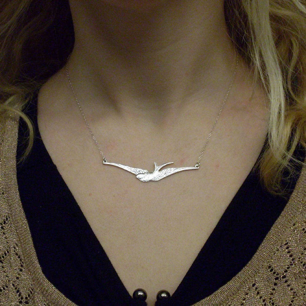 Frosted Willow - Sparrow Necklace, Flying Bird Spreading its wings