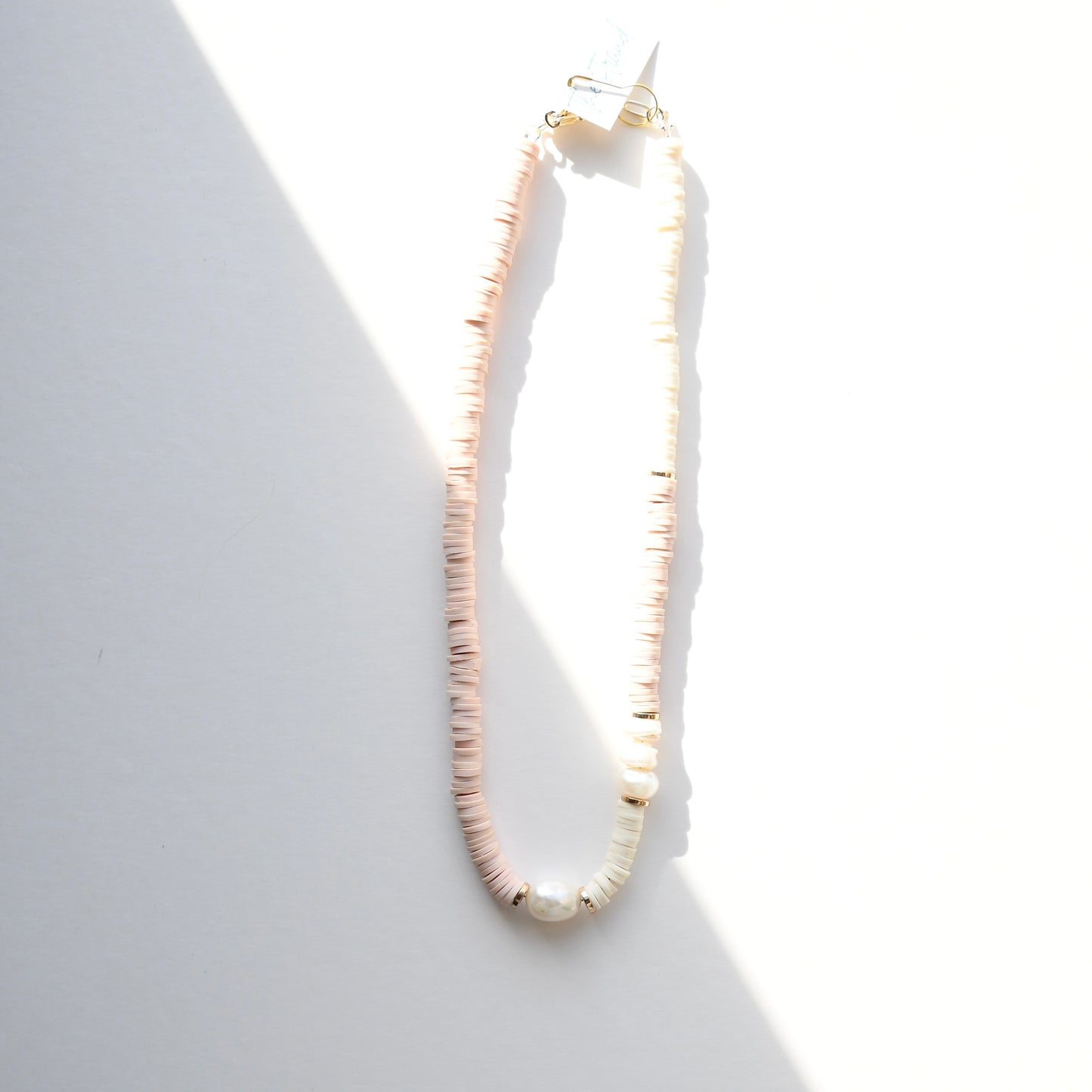 Pink/Cream Polymer Heishi Bead Necklace w/ Pearl