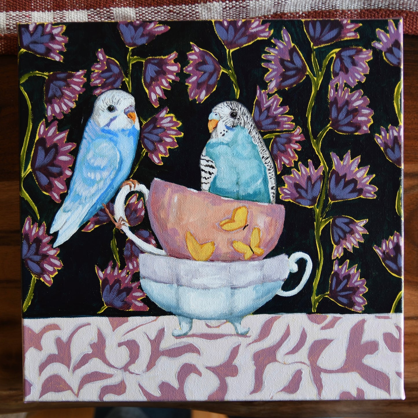 Budgies & Tea - Acrylic on Canvas