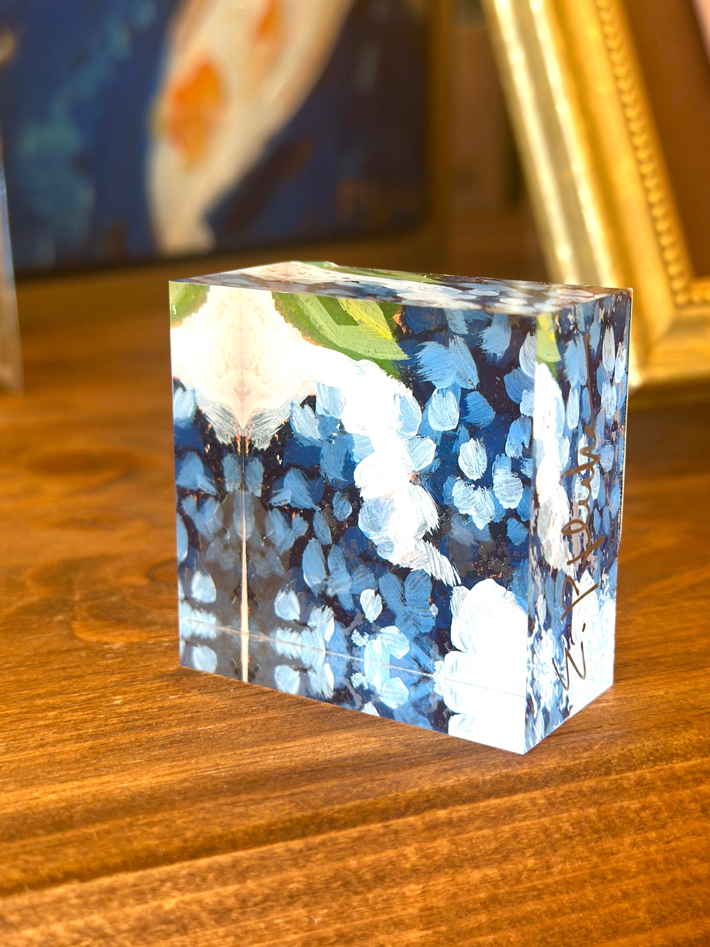 Hydrangea 2x2" Acrylic painting on Lucite