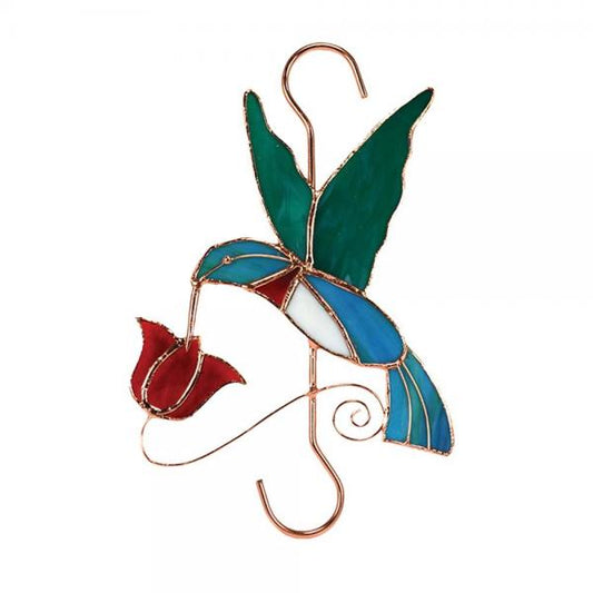 Stained Glass Hummingbird with Red Flower Hook