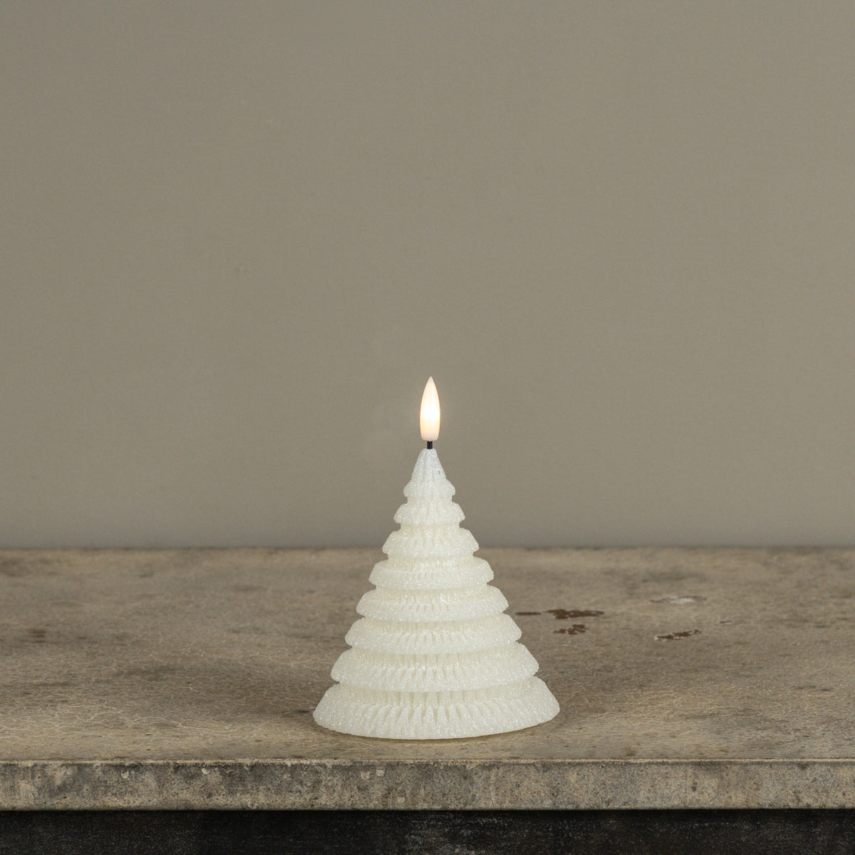 4.75" Cream Shimmer 3D Flame Layered Tree Candle