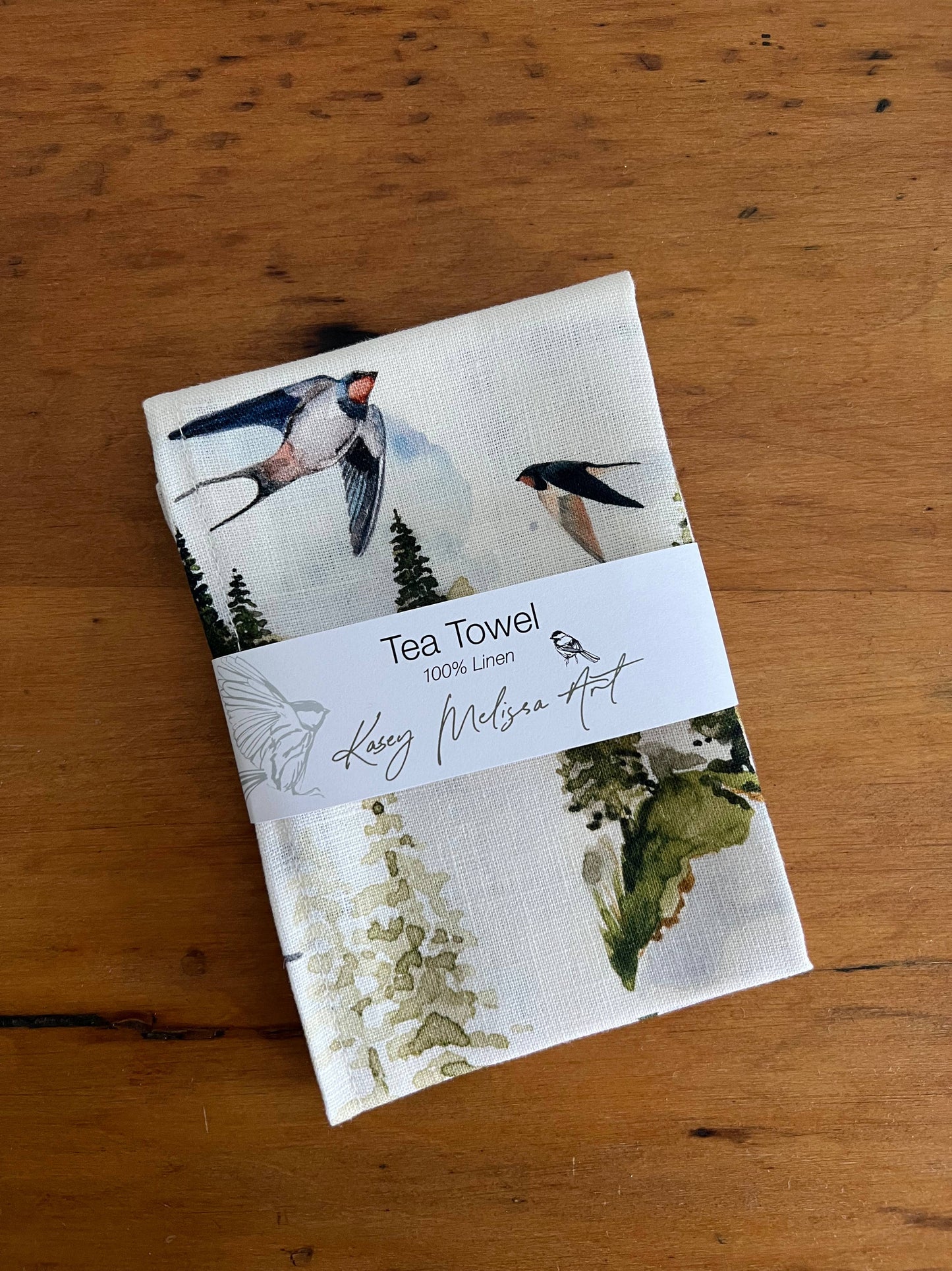 Kasey Melissa Art - Barn Swallow and Pines - Linen Tea Towel