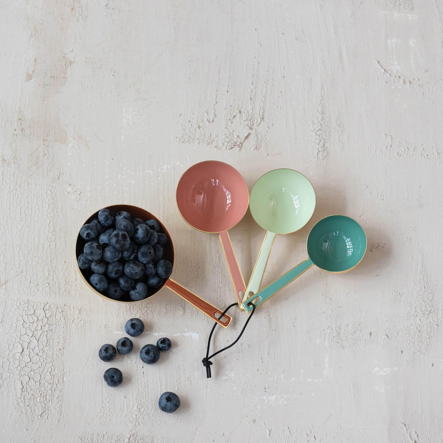 Enameled Measuring Cups with Leather Tie, 4 Colors