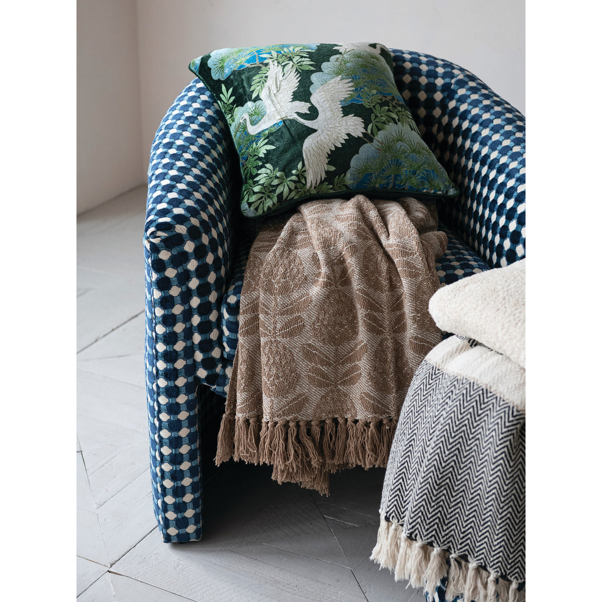 60"L x 50"W Woven Recycled Cotton Blend Jacquard Throw with Floral Pattern & Fringe