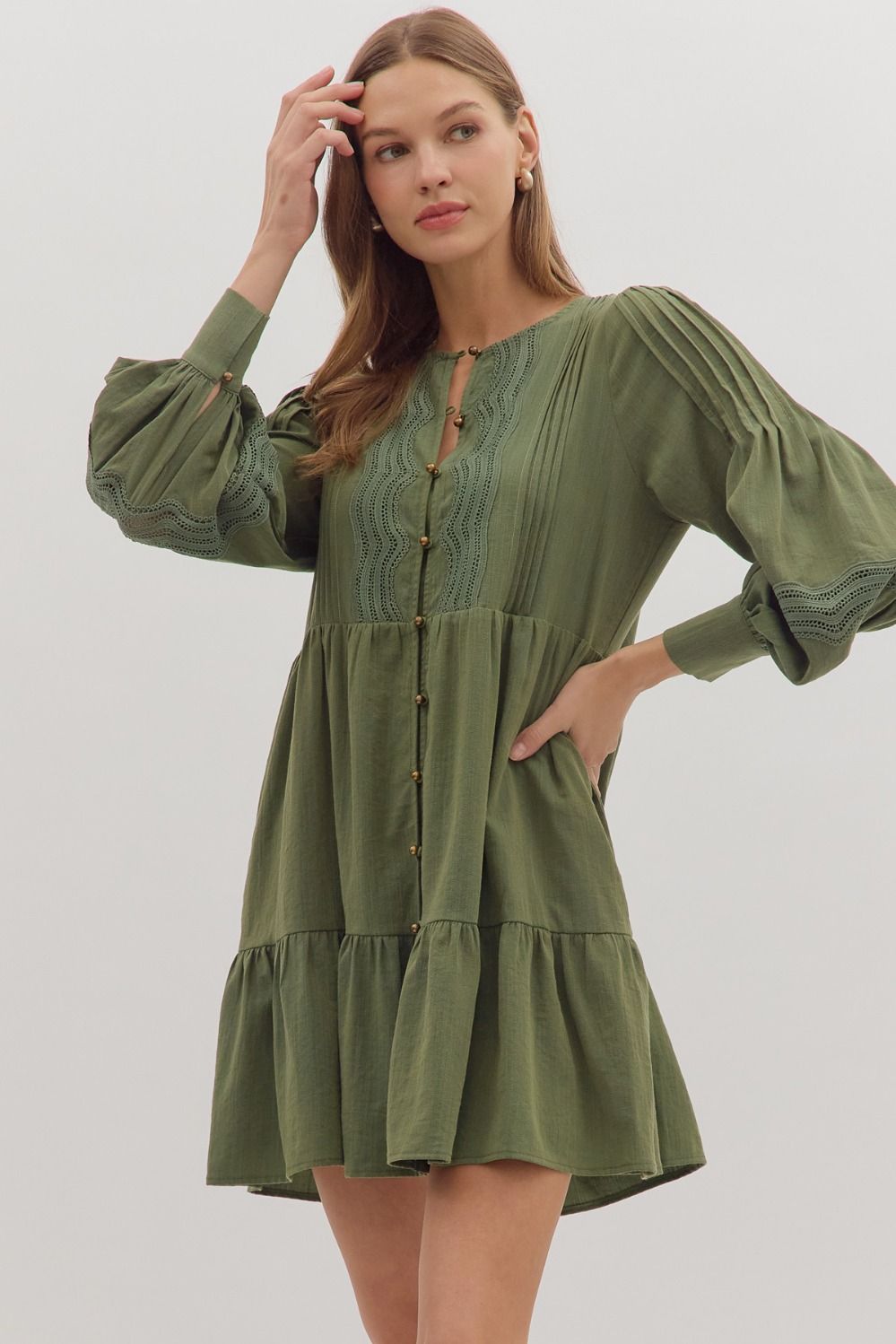 Elle Pintuck Olive Dress