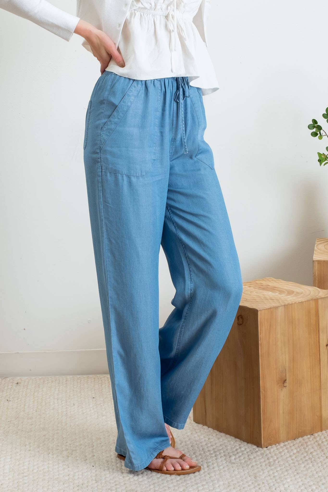 Blu Pepper - CHAMBRAY HIGH WAIST DRAWSTRING PANTS