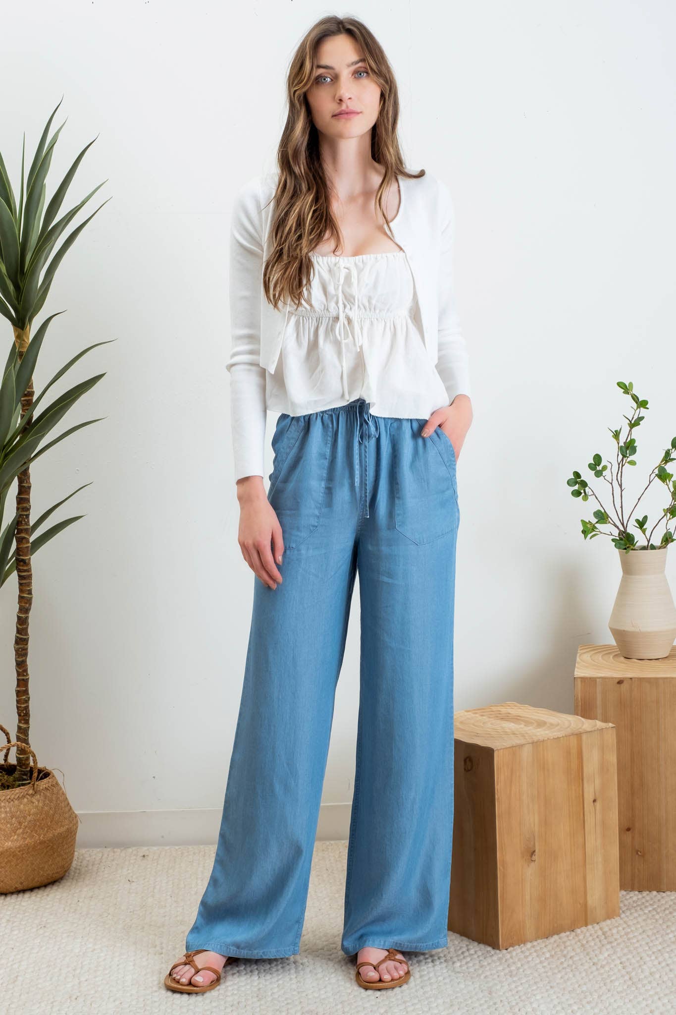Blu Pepper - CHAMBRAY HIGH WAIST DRAWSTRING PANTS