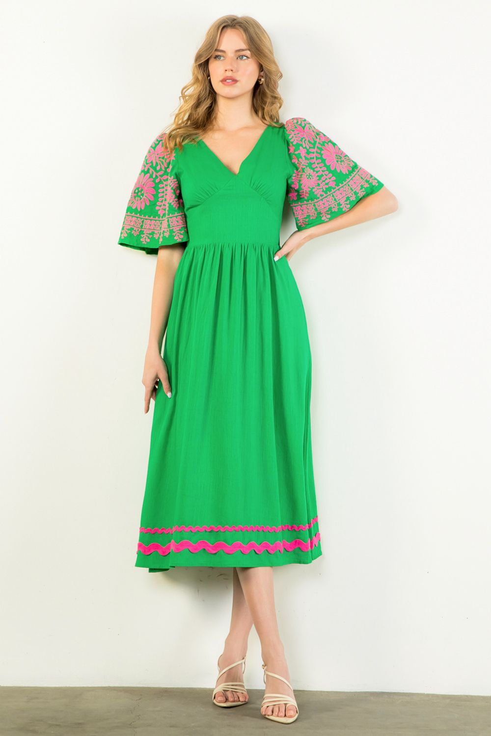 THML Embroidered Flutter Sleeve Midi Dress