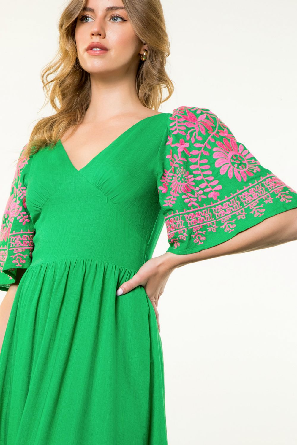 THML Embroidered Flutter Sleeve Midi Dress