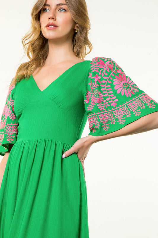 THML Embroidered Flutter Sleeve Midi Dress