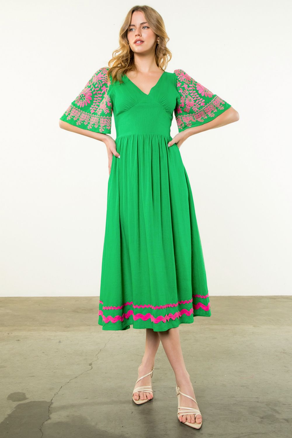 THML Embroidered Flutter Sleeve Midi Dress