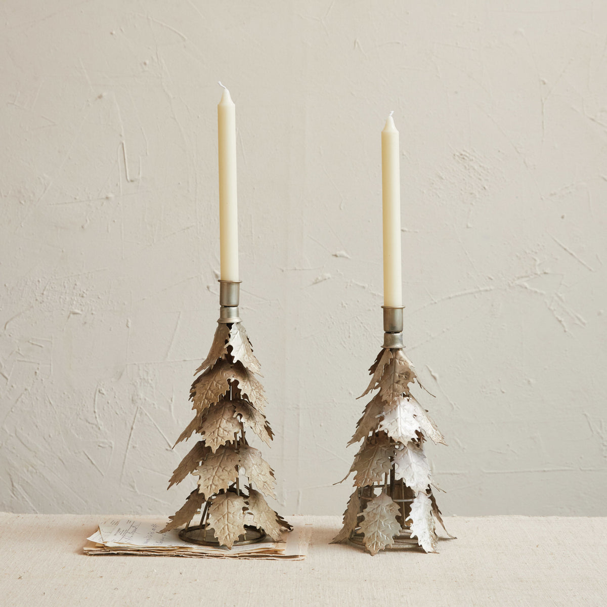 Lg Metal Tree Shaped Taper Holder, Distressed Silver Finish