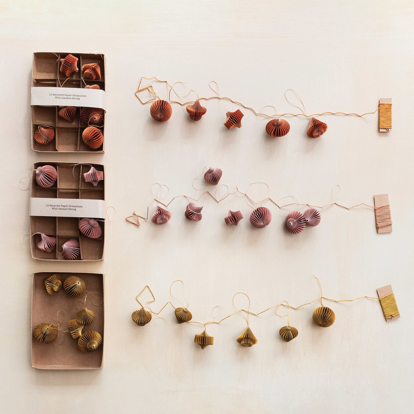Recycled Paper Honeycomb Ornaments w/ DIY Garland String, Boxed Set of 13