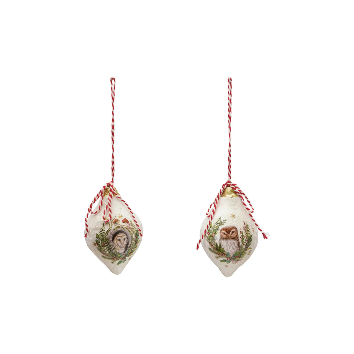 Metal & Paper Mache Ornament with Owl & Seasonal Botanicals, 2 Styles