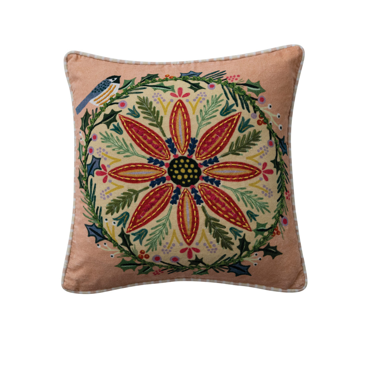 18" Square Cotton Velvet Printed Pillow with Striped Piping & Back