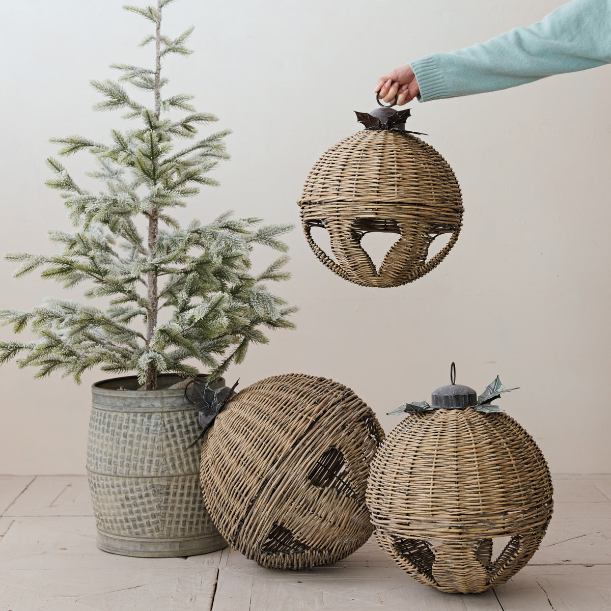 Oversized Hand-Woven Rattan Bell with Metal Leaves,