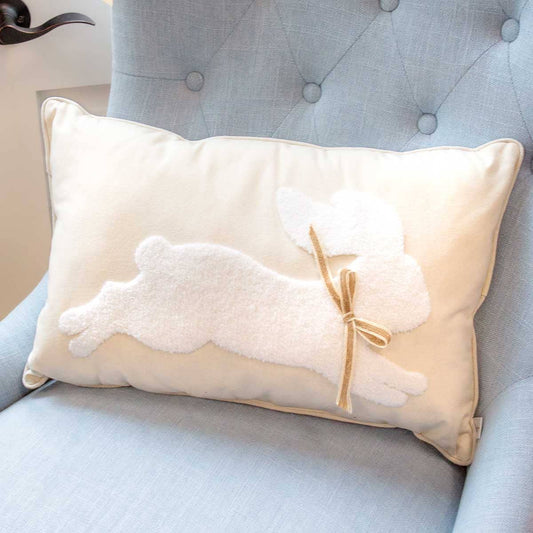 The Royal Standard - Leaping Bunny Embroidered Lumbar Pillow   Soft White/White   13x20