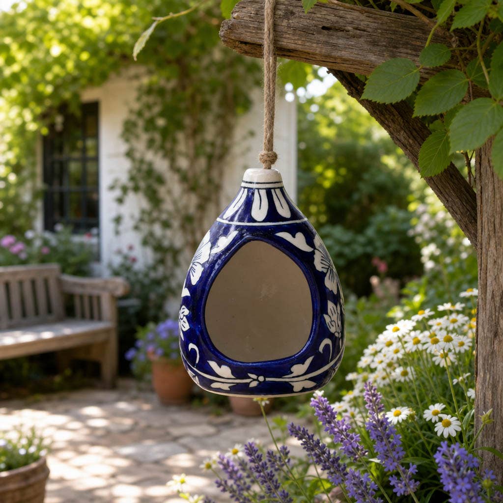 Sagebrook Home - Bird Feeder - Blue/White Ceramic Teardrop Shape House, 12 in