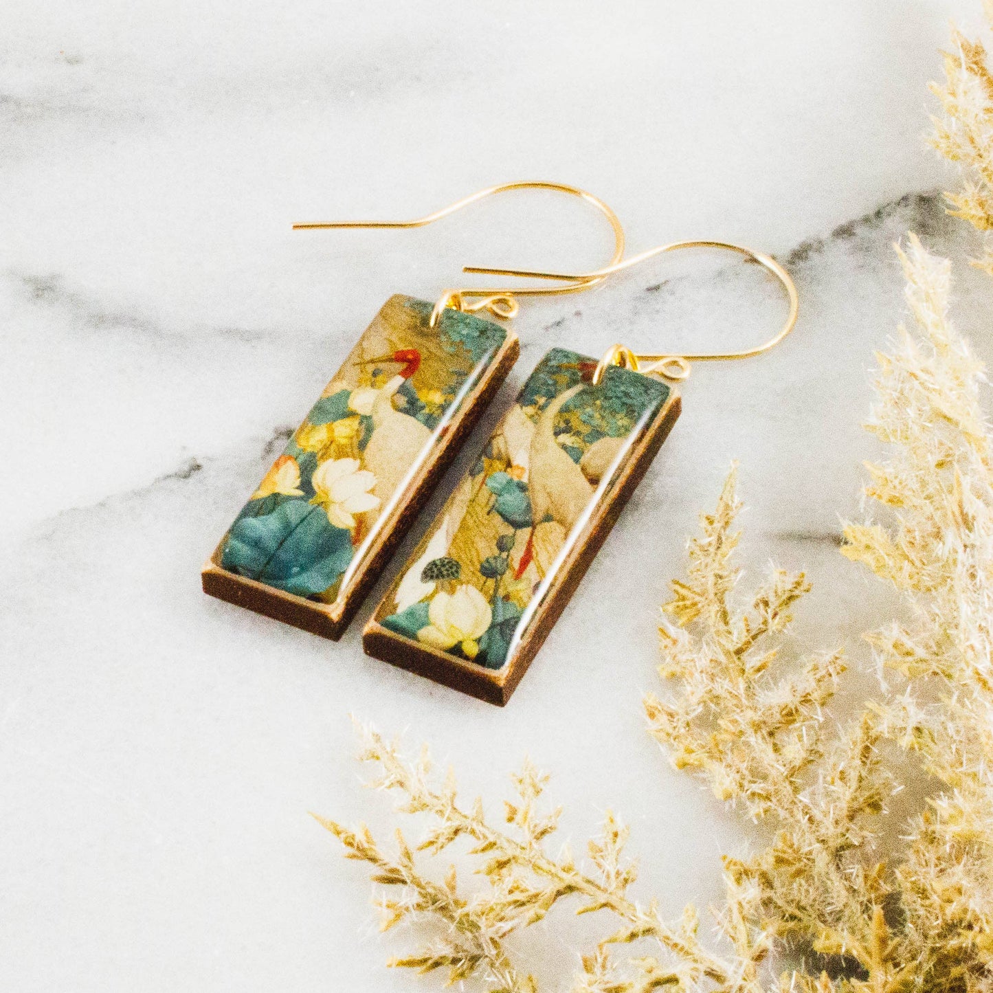 No Man's Land - Japanese Teal Crane Rectangle Earrings