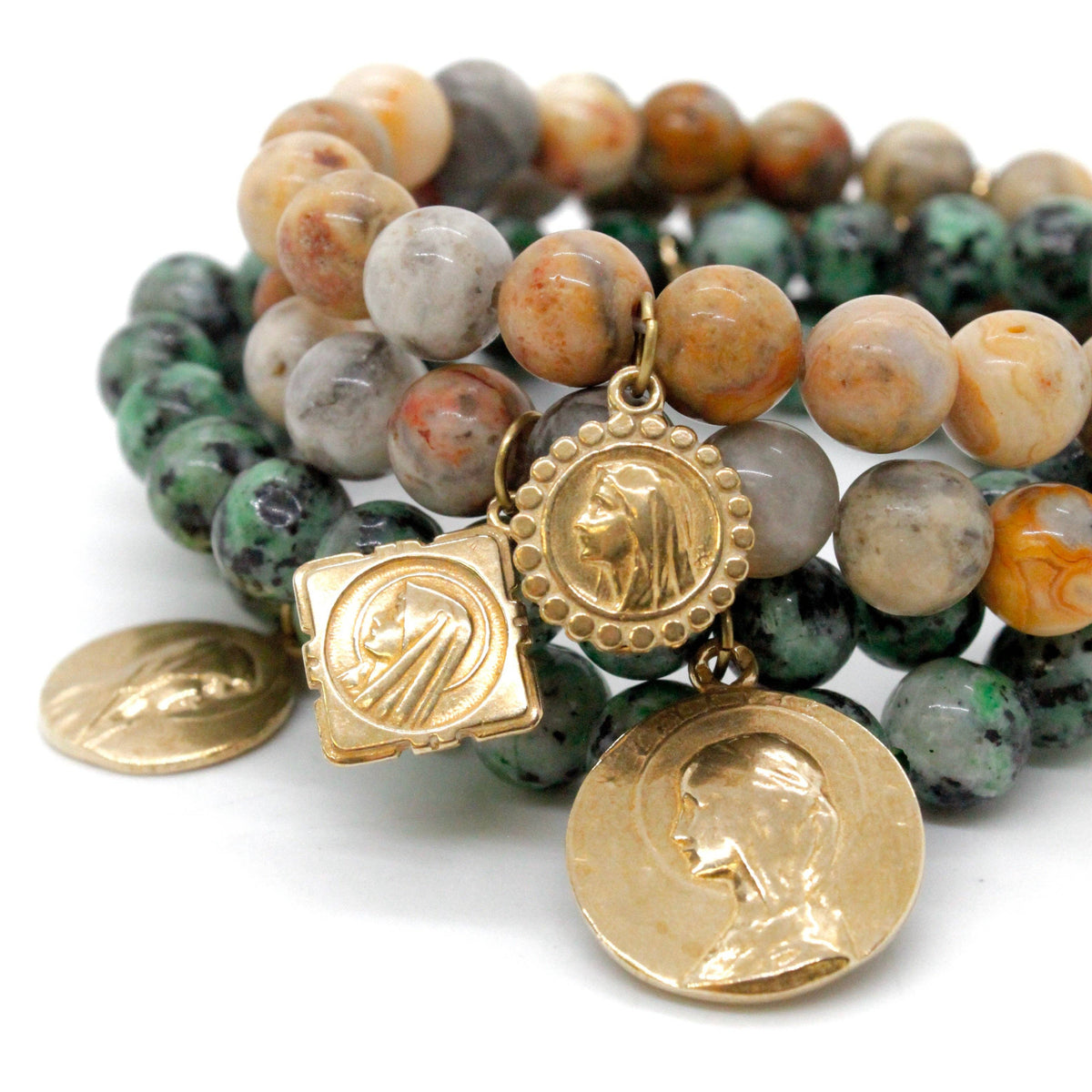 LIZOU - Single Stone Bracelet with Gold French Religious Charm -French Medals Collection-