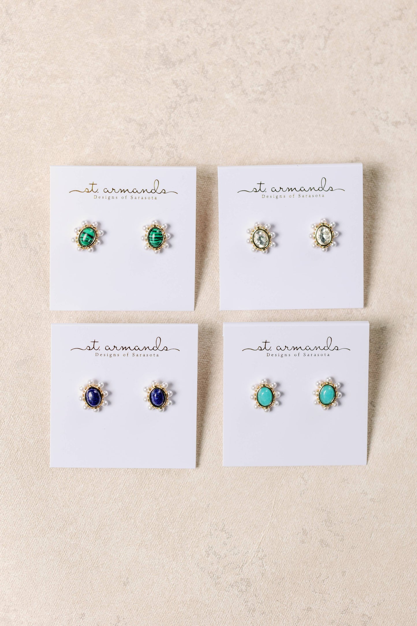 St Armands Designs of Sarasota - Green Malachite and Pearl Oval Stud Earrings
