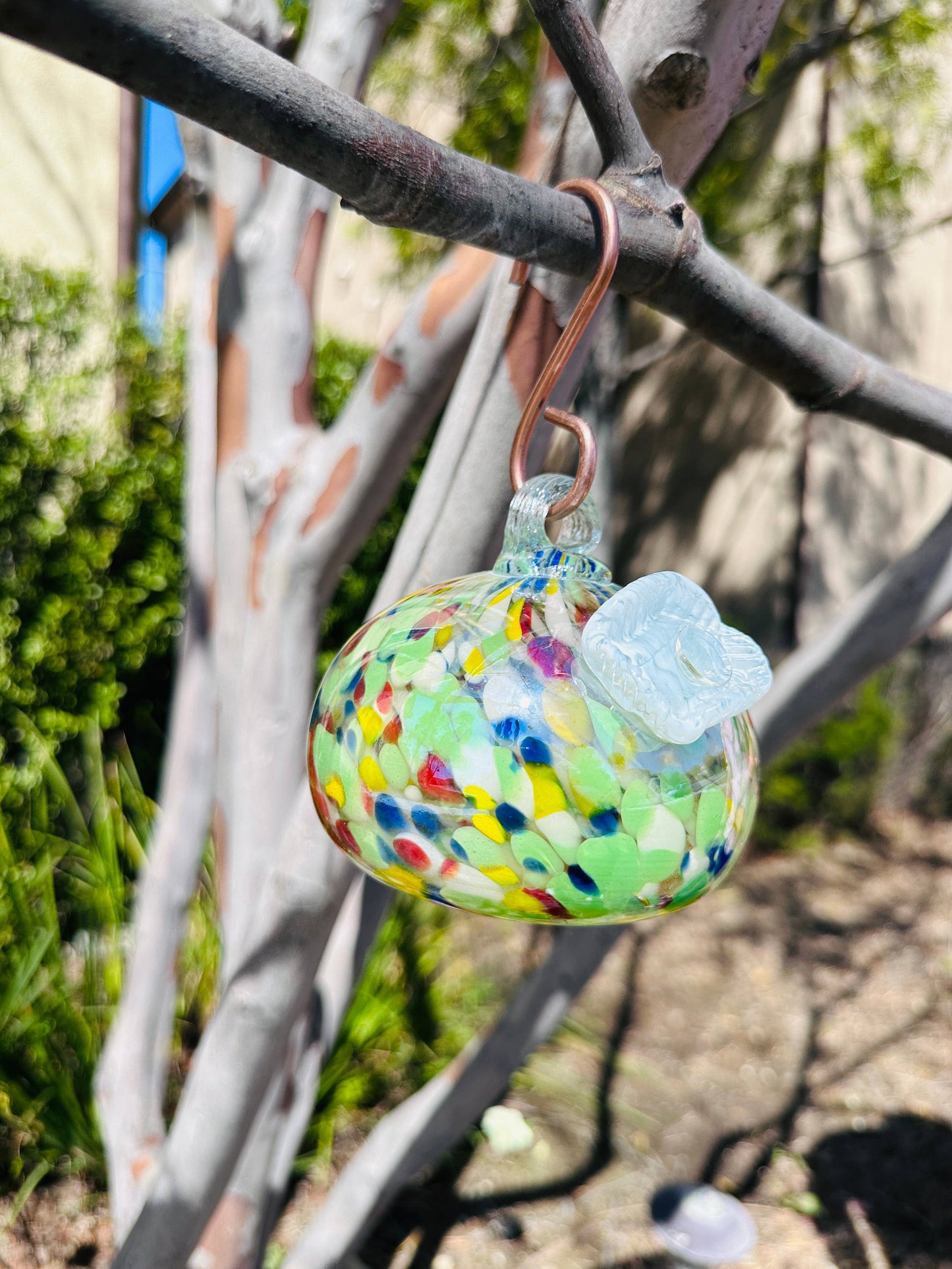 Handblown Artisanal Glass Hummingbird Feeder