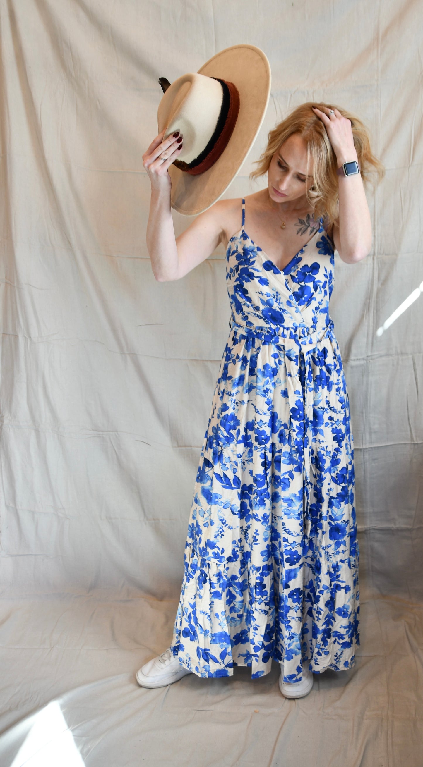 Emilia Blue Watercolor Flower Maxi Dress