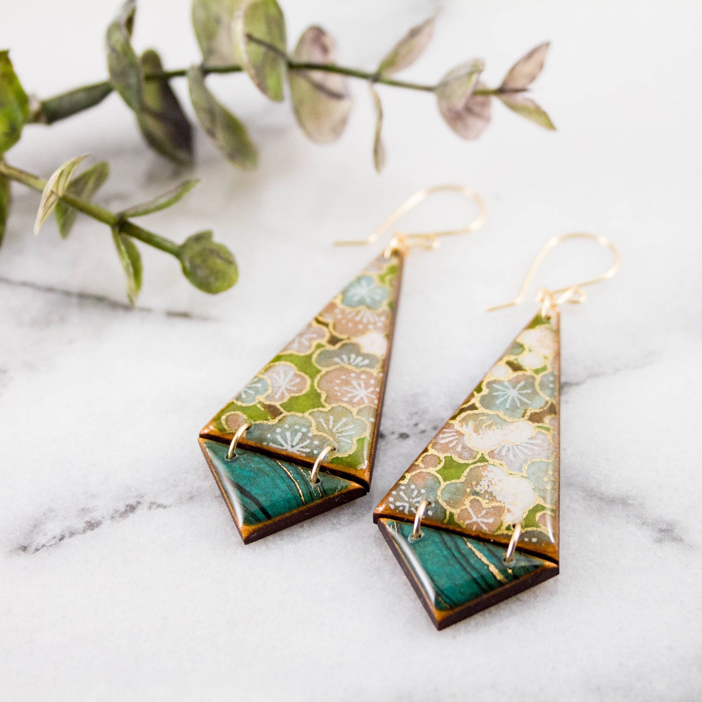 No Man's Land - Japanese Double Triangle Earrings- Green Floral