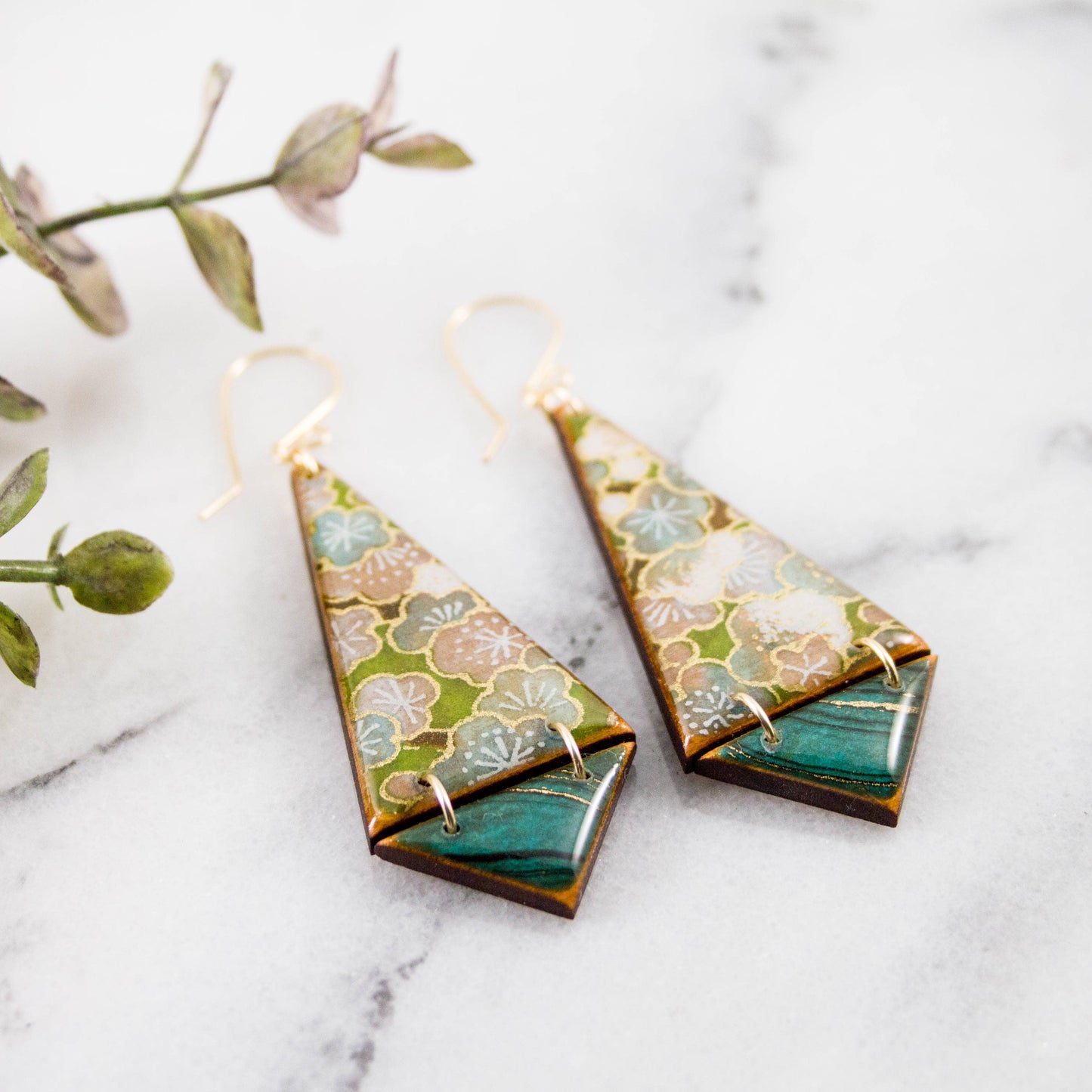 No Man's Land - Japanese Double Triangle Earrings- Green Floral