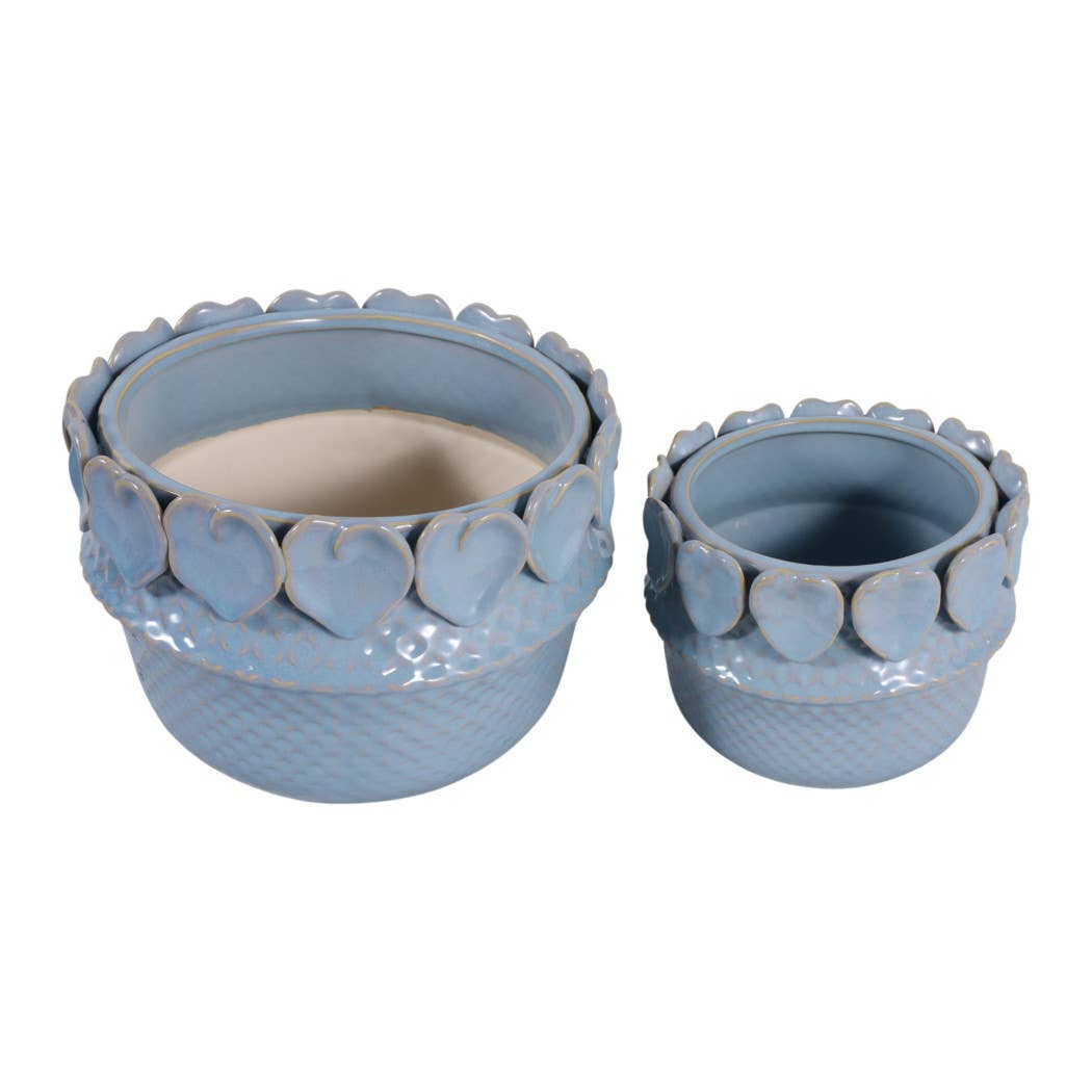 Sagebrook Home - Plant Pot Set of 2  - Blue Ceramic Leaf Applique, 7/10 in.