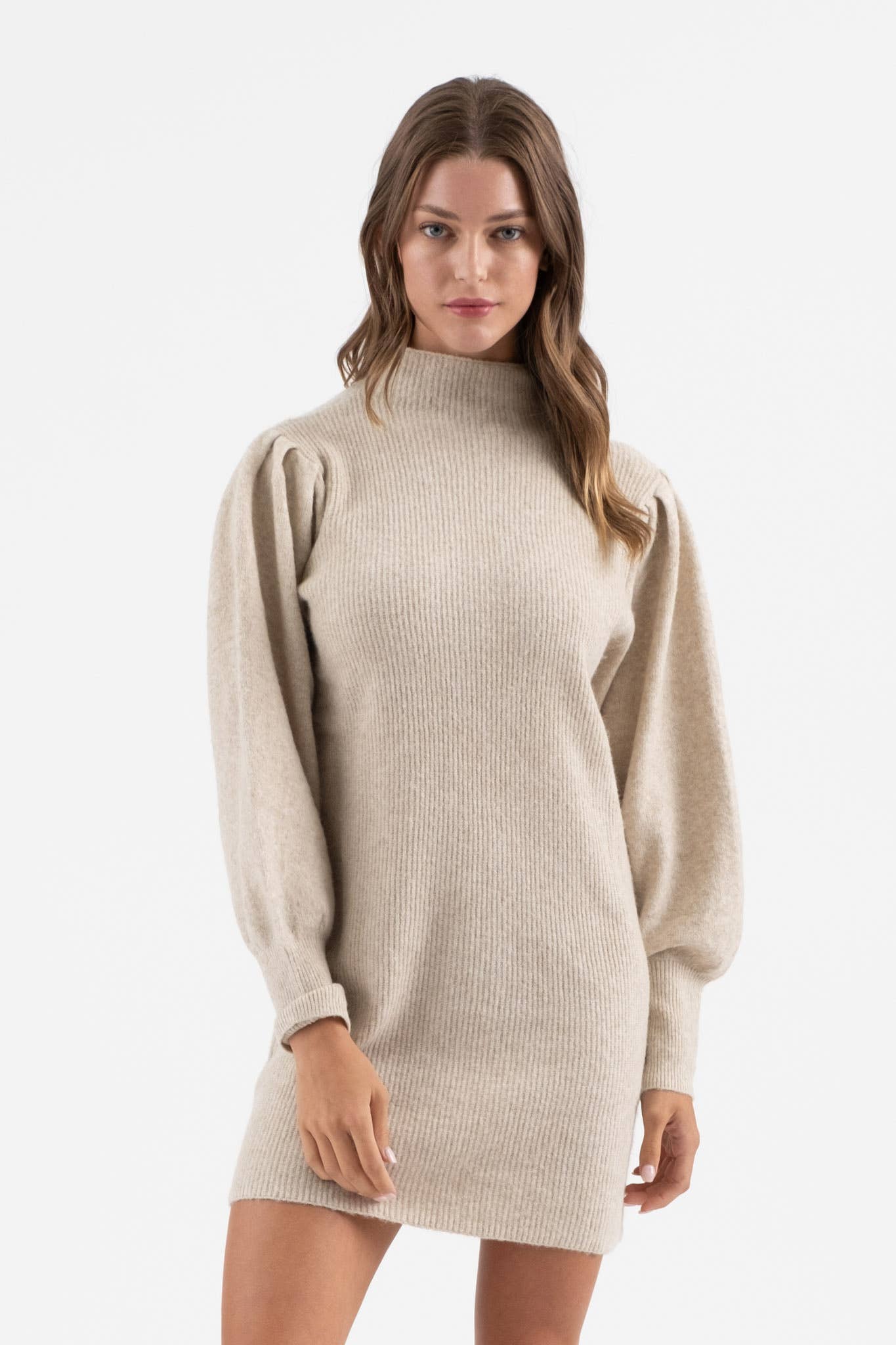 Blu Pepper - MOCK NECK LONG PUFF SLEEVE KNIT SWEATER DRESS