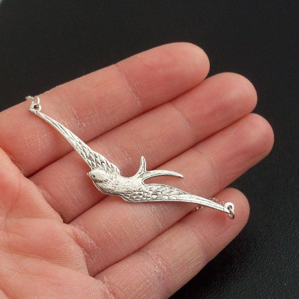 Frosted Willow - Sparrow Necklace, Flying Bird Spreading its wings