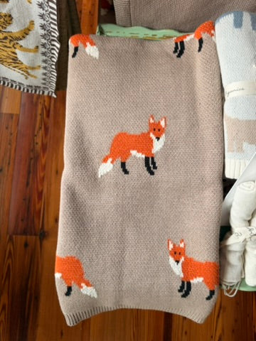 Cotton Knit Baby Blanket with Foxes