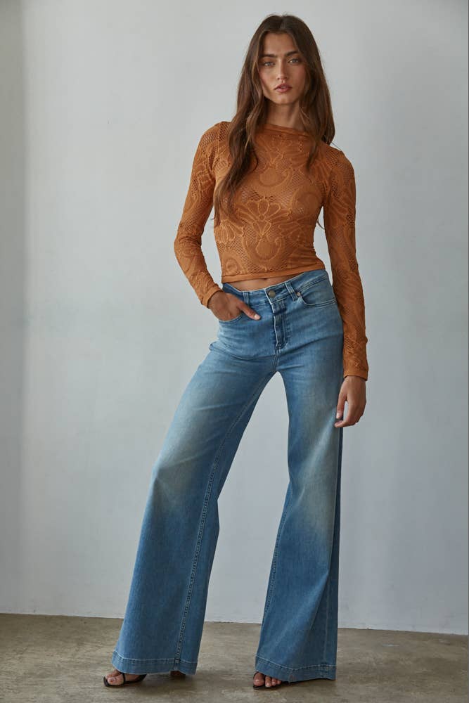 By Together - S1228 | Knit Seamless Jacquard Mock Neck Long Sleeve Top