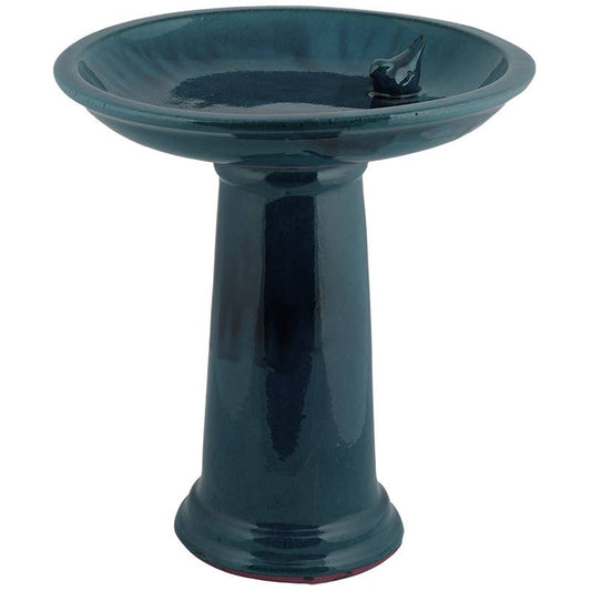 Esschert Design USA - Bird Bath on Pedestal w/Bird, Ceramic, Teal