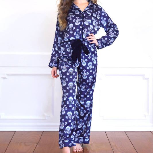 8 Oak Lane - Navy Fan Satin Pant PJ Set: Medium