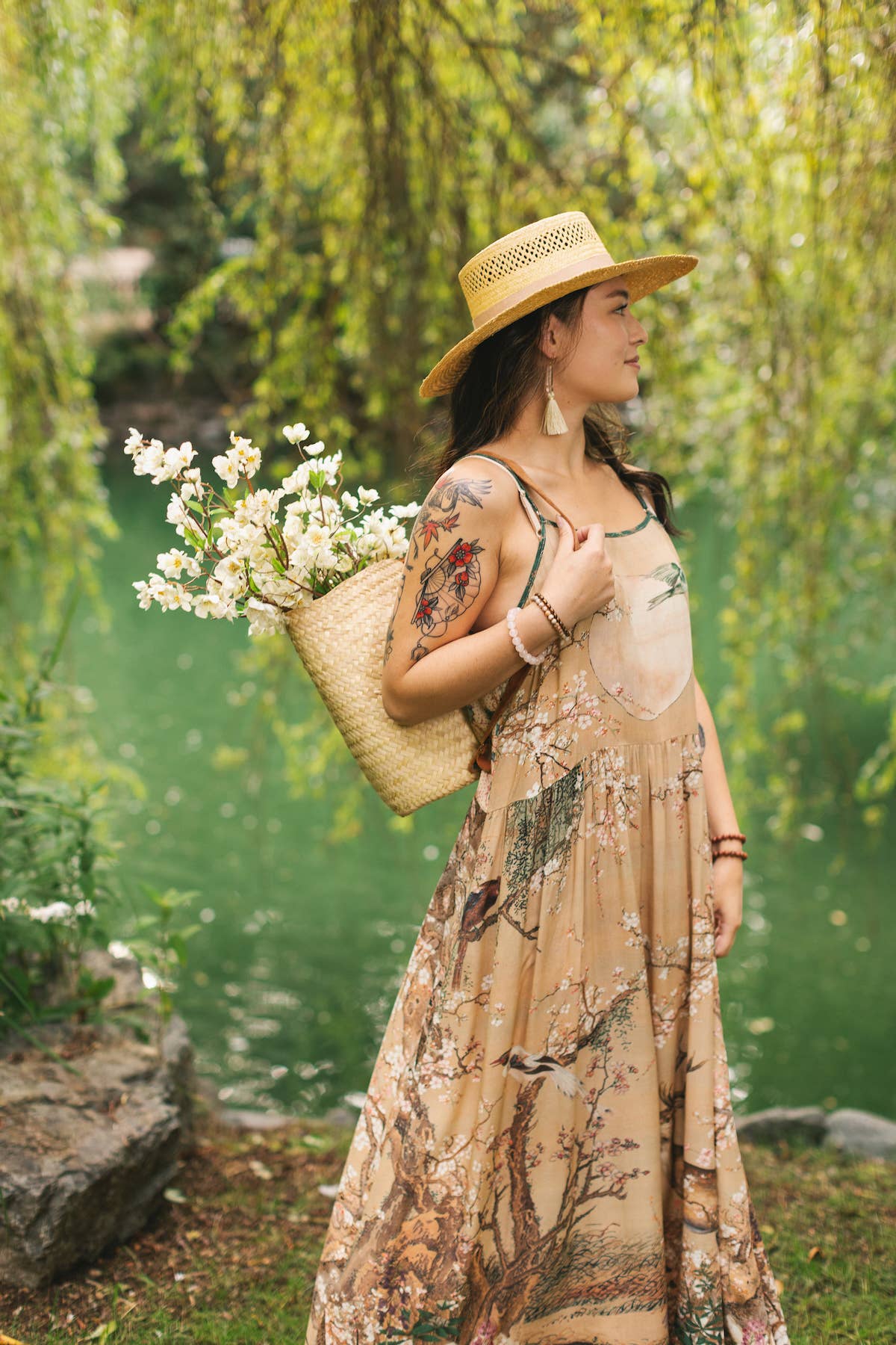 Market of Stars (USA) - Fable Bohéme Long Maxi Slip Dress w/ Blossoms, Deer & Moon