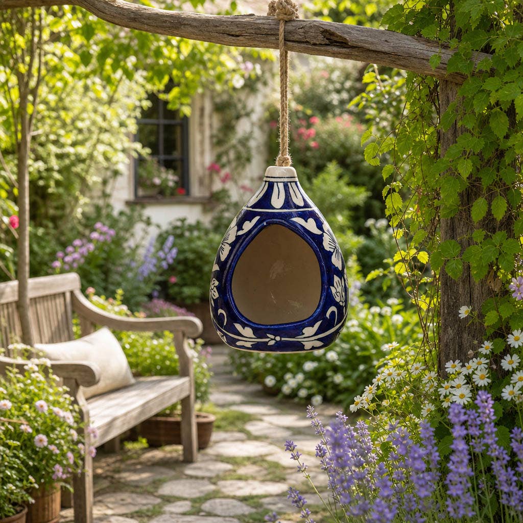 Sagebrook Home - Bird Feeder - Blue/White Ceramic Teardrop Shape House, 12 in
