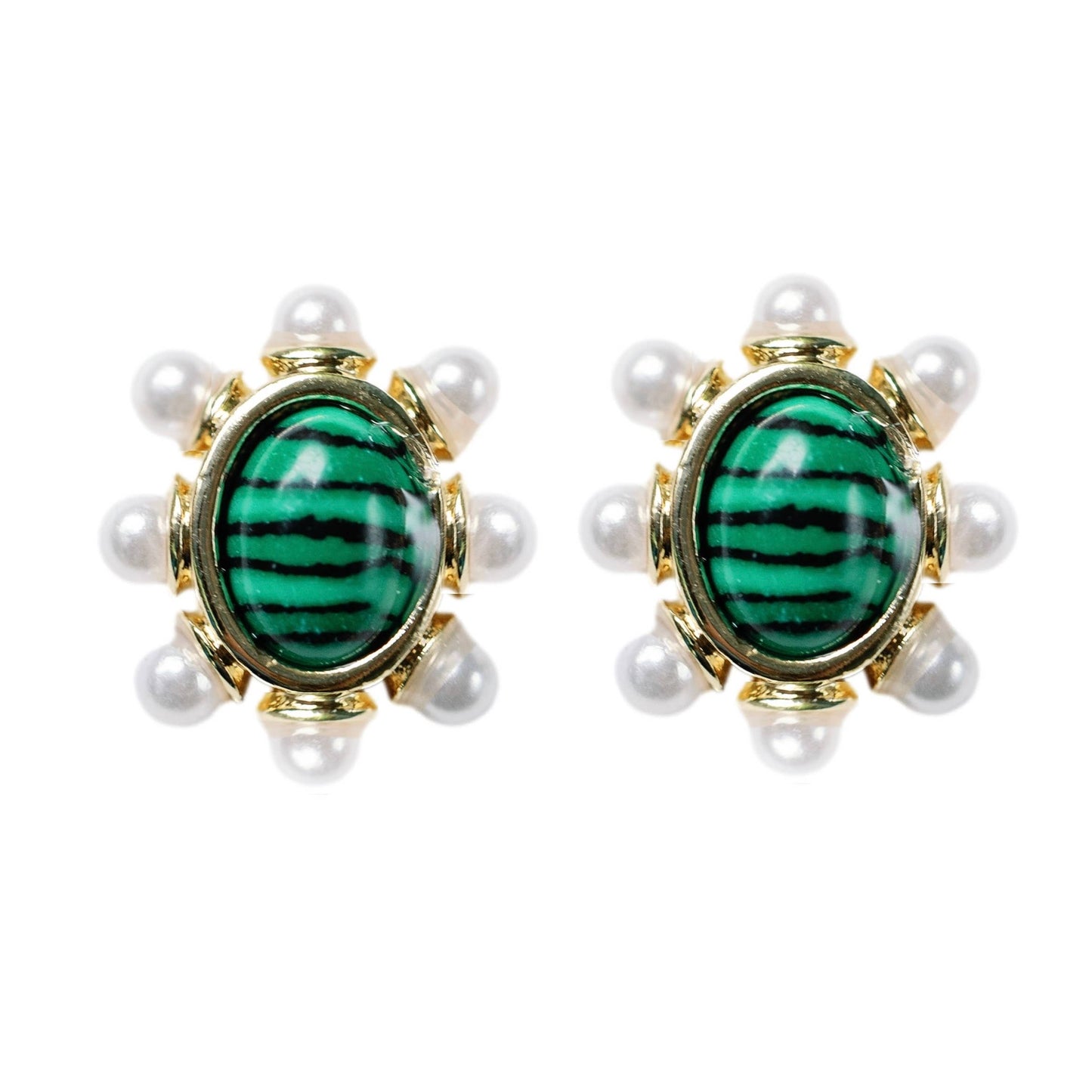 St Armands Designs of Sarasota - Green Malachite and Pearl Oval Stud Earrings