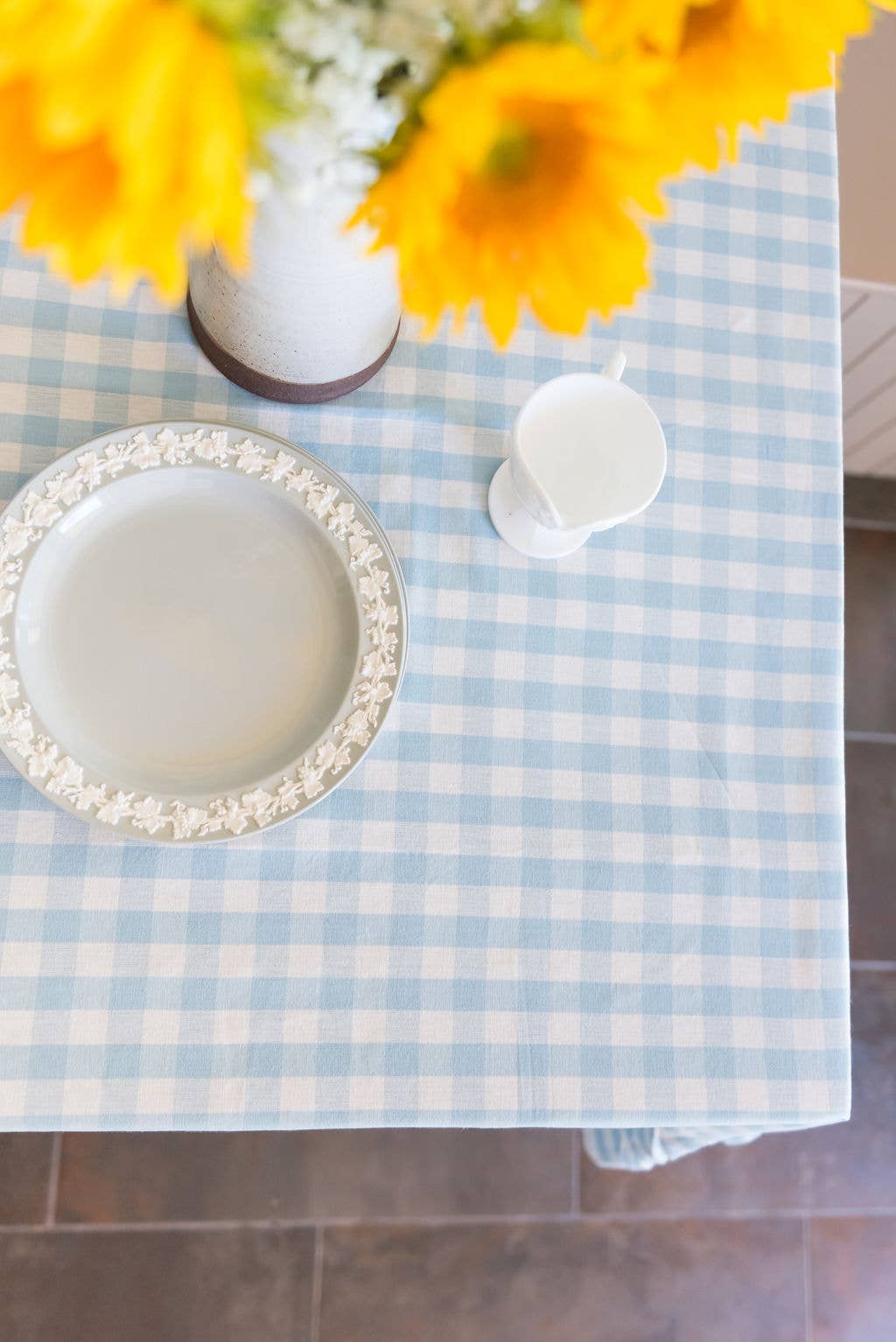Galley and Fen - Blue Ruffled Gingham Tablecloth: 60" x 120"