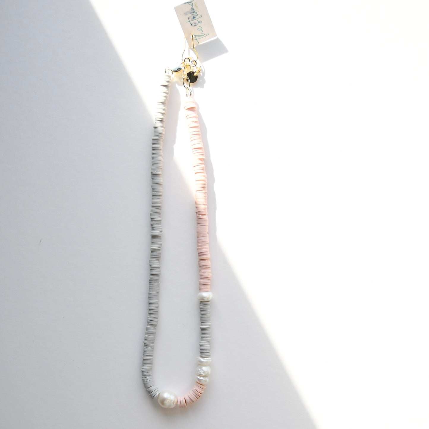 Pink/Gray Polymer Heishi Bead Necklace w/ Pearl