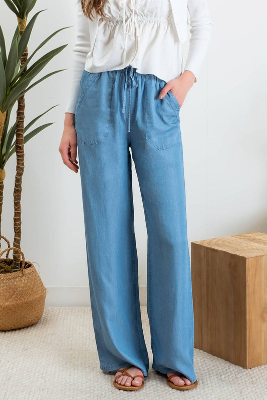 Blu Pepper - CHAMBRAY HIGH WAIST DRAWSTRING PANTS