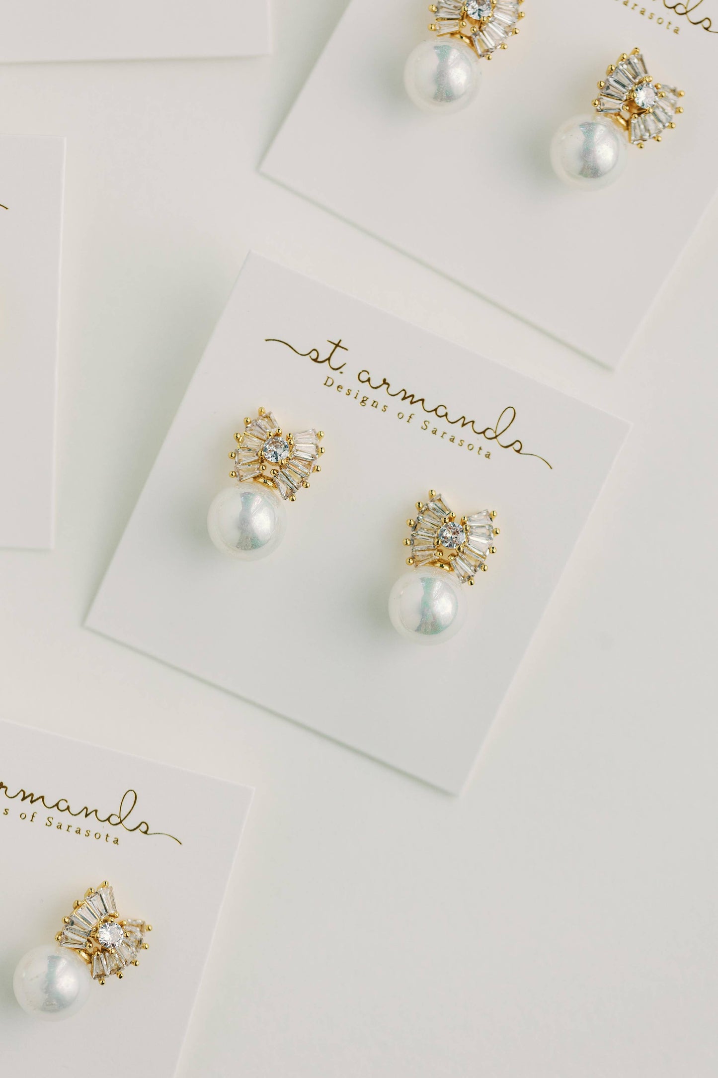 St Armands Designs of Sarasota - Gold Pearl Sparkler Statement Bow Earrings