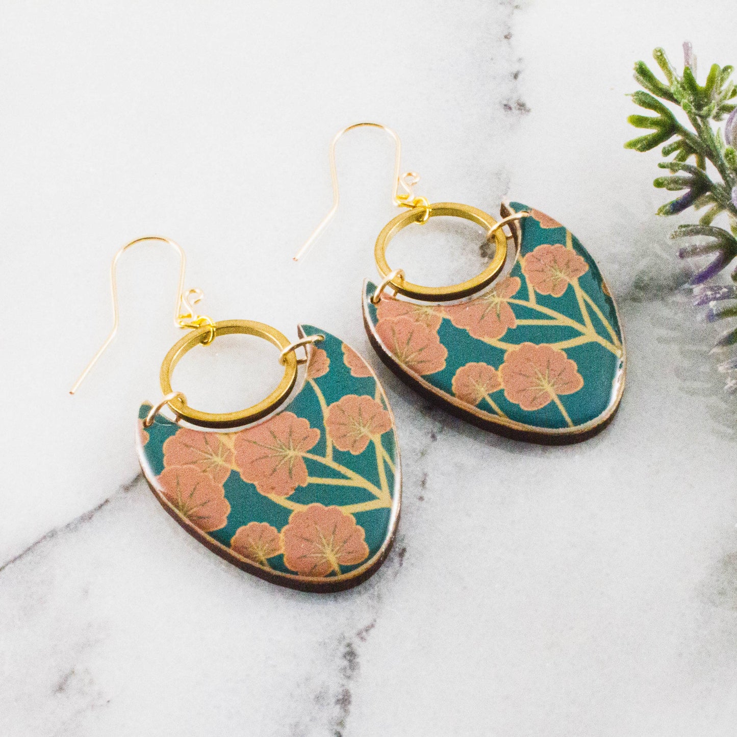 No Man's Land - Teal + Pink Floral Brass Ring Statement Earrings